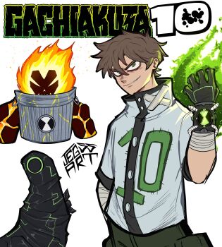 Rule 34 | 1boy, alien, alternate design, ben 10, ben tennyson, brown hair, fire, gachiakuta, glowing, glowing eyes, green eyes, highres, jegssart, omnitrix, shirt, t-shirt, transformation