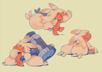 Rule 34 | arm up, blue eyes, closed mouth, colored skin, commentary, english commentary, hammer, hand on own face, highres, holding, holding hammer, looking back, nintendo, pink skin, pokemon, pokemon (creature), pokemon focus, seiishin, simple background, sitting, standing, tinkaton