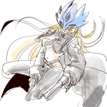 Rule 34 | 1girl, 96uni69, beelstarmon, black coat, black pants, blonde hair, breasts, coat, commentary request, cropped vest, digimon, digimon (creature), dual wielding, eye mask, gun, highres, holding, holding gun, holding weapon, large breasts, long hair, mask, navel, open clothes, open coat, pants, purple eyes, simple background, sketch, solo, underboob, vest, weapon, white background