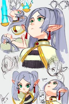 2girls alex_ahad art_study blue_fire closed_eyes earrings elf fern_(sousou_no_frieren) fire frieren green_eyes grey_hair head_back highres jewelry long_hair meme multiple_girls multiple_views pointy_ears simple_background sleeping sousou_no_frieren upper_body upward_angle_frieren_drawing_(meme) white_background