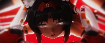 1girl 3d 3d_background absurdres animal_ears armored_boots barcode barcode_tattoo bare_shoulders bent_over black_fur black_hair black_thighhighs blender_(medium) blender_(software) blurry boots cable cable_tail cat_ears depth_of_field drooling glaring gloves glowing glowing_eyes high_heels highres mechanical_tail non-web_source ponytail realkansen red_background red_eyes saliva saliva_trail signature smile smug tail tattoo teeth thighhighs