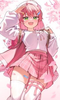 1girl absurdres backpack bag bandaid_on_thigh beret blush breasts cat_hair_ornament cherry_blossoms commentary deaver green_eyes hair_ornament hat highres hololive jacket large_breasts long_hair long_sleeves looking_at_viewer open_mouth pink_bag pink_hair pink_jacket pink_skirt plaid_clothes plaid_skirt pleated_skirt sailor_collar sakura_miko sakura_miko_(school_uniform) salute school_uniform serafuku skirt smile solo thigh_strap thighhighs thighs virtual_youtuber white_hat white_sailor_collar white_serafuku white_thighhighs