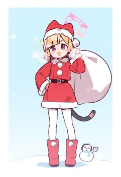 1girl :d animal_hat blonde_hair blue_archive blue_background blunt_bangs blush boots border cat_hat character_snowman christmas commentary_request doodle_sensei_(blue_archive) dress full_body fur-trimmed_dress fur-trimmed_headwear fur_trim halo hat highres holding holding_sack looking_at_viewer momoi_(blue_archive) open_mouth pantyhose parted_bangs pink_eyes pink_halo red_boots red_dress red_hat sack santa_costume santa_dress santa_hat sensei_(blue_archive) short_hair smile snowman solo sparkle standing v-shaped_eyebrows white_border white_pantyhose yoru_nai