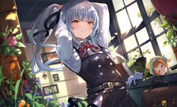 Rule 34 | 2girls, adjusting hair, animal, batsubyou, black dress, black ribbon, blush, book, bug, cat, closed mouth, collared shirt, commentary, dress, error musume, flower, grey hair, hair ribbon, highres, indoors, insect, kantai collection, kasumi (kancolle), ladybug, long hair, long sleeves, multiple girls, o-sirius, orange flower, pinafore dress, pink flower, plant, potted plant, ribbon, shirt, side ponytail, sleeveless, sleeveless dress, smile, white shirt, window, yellow eyes