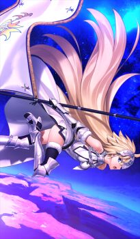 1girl armor armored_boots blonde_hair blue_background blue_eyes boots breasts commentary_request crown fate/grand_order fate_(series) flag floating_hair game_cg gauntlets holding holding_flag holding_weapon jeanne_d&#039;arc_(fate) jeanne_d&#039;arc_(ruler)_(fate) jeanne_d&#039;arc_(third_ascension)_(fate) large_breasts long_hair luminosite_eternelle official_art open_mouth solo sword sword_of_st._catherine_(fate) takeuchi_takashi third-party_source very_long_hair weapon