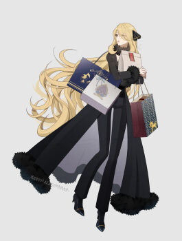 Rule 34 | 1girl, bag, blonde hair, breasts, cleavage, coat, commentary request, cynthia (pokemon), fur collar, fur trim, grey eyes, hair ornament, hair over one eye, highres, holding, holding bag, large breasts, long hair, long sleeves, navel, nintendo, open mouth, pokemon, pokemon dppt, sakaralalala, shopping bag, simple background, solo, very long hair, white background