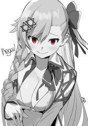 Rule 34 | 1girl, absurdres, asymmetrical bangs, asymmetrical hair, bow, bowtie, bra, bra tug, braid, breasts, character name, cleavage, commentary request, eyelashes, girls&#039; frontline, gloves, greyscale, hair between eyes, hair bow, hair ornament, hairclip, hexagram, highres, jacket, long bangs, long hair, long sleeves, looking at viewer, medium breasts, monochrome, navel, negev (girls&#039; frontline), one side up, open clothes, open jacket, parted lips, red eyes, side braid, single braid, sleeves past wrists, smile, solo, spot color, star of david, underwear, undone bowtie, upper body, very long hair, yamacchi