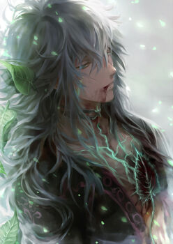 1boy bad_id bad_pixiv_id blood blood_in_mouth changye choker dark-skinned_male dark_skin fate/grand_order fate_(series) glowing green_eyes grey_hair leaf long_hair male_focus siegfried_(fate) solo white_hair