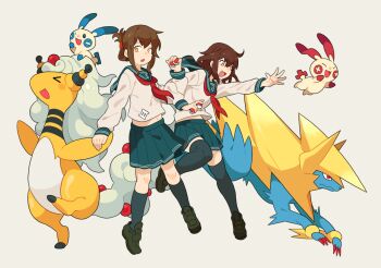 >_< 2girls ampharos anchor_symbol black_shoes blue_sailor_collar blue_skirt brown_hair closed_eyes crossover emu_(eomou) fang folded_ponytail gen_2_pokemon gen_3_pokemon grey_background holding holding_poke_ball ikazuchi_(kancolle) inazuma_(kancolle) kantai_collection loafers long_sleeves manectric mega_ampharos mega_manectric mega_pokemon minun multiple_girls neckerchief nintendo one_eye_closed open_mouth orange_eyes pleated_skirt plusle poke_ball poke_ball_(basic) pokemon pokemon_(creature) red_eyes red_neckerchief sailor_collar school_uniform serafuku shoes simple_background skin_fang skirt socks thighhighs