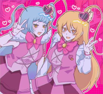 Rule 34 | 2girls, :d, blonde hair, blue hair, bow, bowtie, don quixote (project moon), e.g.o (project moon), hair ornament, heart, heart hair ornament, in the name of love and hate (e.g.o), limbus company, long hair, looking at viewer, magical girl, multiple girls, open mouth, pink background, pink bow, pink bowtie, pink skirt, pink vest, project moon, queen of hatred, simple background, skirt, smile, suzuki 555, two side up, upper body, v, vest, yellow eyes