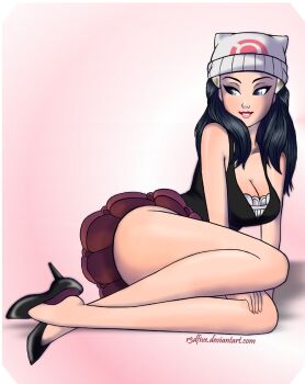 1girl aged_up bare_legs beanie black_hair blue_eyes breasts cleavage dawn_(pokemon) eyeshadow female_focus hat high_heels highres lips lipstick long_hair long_legs lying makeup nintendo on_side parted_lips pokemon pokemon_(anime) r3dfive shoe_dangle skirt smile solo watermark web_address