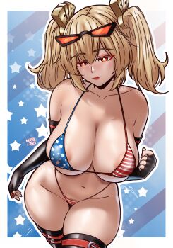 absurdres american_flag american_flag_bikini american_flag_print bikini breasts burnice_white fingerless_gloves flag_print flag_print_bikini fourth_of_july gloves hair_ornament highres large_breasts mashiaka nail_polish navel orange-tinted_eyewear print_bikini print_swimsuit red-tinted_eyewear sunglasses swimsuit tagme thighs tinted_eyewear zenless_zone_zero