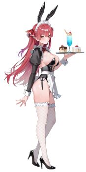 1girl absurdres alternate_costume animal_ears apron arm_at_side black_leotard black_shirt black_shrug blush breasts cake cherry chocolate_syrup closed_mouth fake_animal_ears fishnet_thighhighs fishnets floating_hair food frilled_apron frilled_sleeves frilled_thighhighs frills from_side fruit full_body glass hand_up hashtag-only_commentary high_heels highres holding holding_tray hololive houshou_marine large_breasts leotard long_hair long_sleeves looking_at_viewer looking_to_the_side maid maid_headdress orange_eyes parted_lips playboy_bunny rabbit_ears red_hair shirt shrug_(clothing) shuvi_(shuvi1125) simple_background single_sleeve smile solo standing strapless strapless_leotard strawberry thighhighs tray unconventional_maid very_long_hair virtual_youtuber waist_apron white_apron white_background white_thighhighs white_wrist_cuffs wrist_cuffs