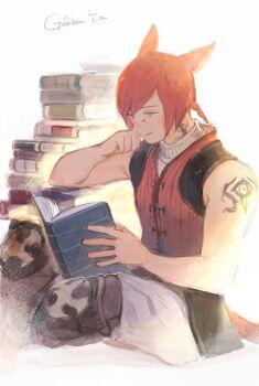1boy animal_ears book book_stack cat_boy cat_ears cat_tail character_name facial_mark final_fantasy final_fantasy_xiv g&#039;raha_tia head_on_hand holding holding_book j2_path knee_pads light_smile male_focus miqo&#039;te neck_tattoo open_book reading red_hair red_vest short_hair shoulder_tattoo sitting sleeveless sleeveless_turtleneck solo sweater tail tattoo turtleneck vest white_background white_sweater