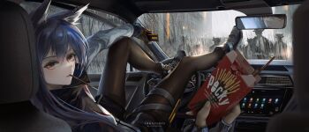 1girl absurdres animal_ears arknights arm_on_knee arm_out_of_frame artist_name black_gloves black_pantyhose blue_hair brown_eyes car_interior chinese_commentary commentary_request copyright_name dated feet_on_dashboard fingerless_gloves food food_in_mouth gloves hair_between_eyes highres holding holding_food holding_pocky knee_up legs_up long_hair long_sleeves looking_at_viewer pantyhose people pocky pocky_in_mouth rain shoes sitting solo_focus texas_(arknights) thigh_strap wolf_ears wolf_girl yellow_eyes z_05
