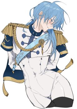 1boy arms_behind_back blue_capelet blue_hair blush bodysuit capelet commentary_request cropped_legs edmond_(nu_carnival) epaulettes gold_trim highres ikaremanju long_hair long_sleeves male_focus nu_carnival simple_background solo white_background white_bodysuit