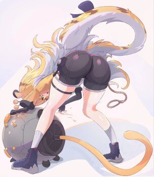1girl 1other animal_ears ass ass_focus bent_over blonde_hair boots bow elbow_gloves fingerless_gloves from_behind gloves green_eyes highres hu_wei_(zenless_zone_zero) huge_ass ju_fufu leaning leaning_forward long_hair open_mouth reasonablead1675 robot scratching short_shorts shorts tail tail_bow tail_ornament thigh_strap tiger_ears tiger_girl tiger_tail very_long_hair zenless_zone_zero