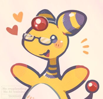ampharos blush forehead_jewel gen_2_pokemon glasses heart looking_at_viewer nintendo no_humans open_mouth pokemon pokemon_(creature) pokemon_focus simple_background smile solo tail tansho