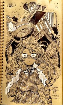 1girl building commentary_request dated debris destruction glasses hat highres i-beam long_sleeves looking_at_viewer medium_hair monochrome munakata_(sekimizu_kazuki) plaid_clothes plaid_skirt plaid_vest quimbaya_airplane rebar semi-rimless_eyewear shirt short_twintails signature skirt skyscraper solo touhou traditional_media twintails under-rim_eyewear upper_body usami_sumireko vest white_shirt wide-eyed wind