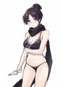 1girl animification apex_legends arm_under_breasts bikini black_bikini black_eyes black_hair black_scarf breasts chinese_commentary cleavage collarbone groin hair_behind_ear head_tilt highres holding holding_knife hope&#039;s_dusk_(apex_legends) jianye knife kunai light_frown looking_at_viewer medium_breasts navel scarf sketch solo swimsuit weapon wraith_(apex_legends)