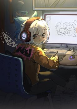 1girl ahoge alternate_costume blue_bow blue_hair bow chair circled_9 cirno computer computer_keyboard computer_mouse drawing_(action) drawing_(object) drawing_tablet grey_pants hair_bow hair_ornament hairpin headphones highres hxj_(2324184595) jacket looking_at_viewer looking_back monitor open_mouth pants short_hair slippers stylus touhou yellow_jacket