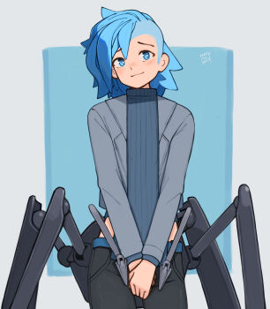 1girl absurdres aqua_eyes aqua_hair asymmetrical_hair black_pants blue_sweater blush closed_mouth clothing_cutout cyborg dated grey_jacket highres hip_vent jacket kart_prowler long_sleeves mechanical_legs medium_hair nyx_(kart_prowler) open_clothes open_jacket original own_hands_together pants sidecut smile solo sweater undercut