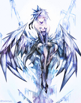 1girl between_legs boots collarbone commentary_request dress elbow_gloves frozen full_body gloves hand_between_legs highres ice ice_hair ice_wings looking_at_viewer low_wings original purple_eyes short_hair sitting sleeveless sleeveless_dress solo sushi_(sashimise) thigh_boots twitter_username white_background wings