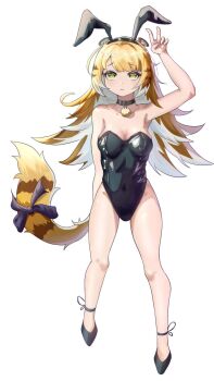 13046073196 1girl :&lt; alternate_breast_size_(larger) animal_collar animal_ear_fluff animal_ear_hairband animal_ears arm_behind_back arm_up armpits bare_shoulders black_choker black_collar black_leotard black_shoes blonde_hair bow breasts choker collar collar_bell colored_inner_hair covered_navel dot_nose fake_animal_ears full_body furrowed_brow green_eyes hairband highleg highleg_leotard highres ju_fufu leotard long_hair looking_at_viewer looking_up medium_breasts multicolored_hair playboy_bunny rabbit_ears shoes simple_background solo standing tail tail_bow tail_ornament thighs tiger_ears tiger_girl tiger_tail v very_long_hair white_background zenless_zone_zero