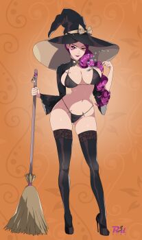 1girl absurdres alternate_breast_size_(larger) alternate_costume artist_logo artist_name bell_sleeves bikini black_bikini black_shoes black_shrug black_thighhighs bow braid breasts broom cleavage closed_mouth commentary facial_mark fire_emblem full_body gluteal_fold hair_over_shoulder halloween halloween_costume hat hat_bow high_heels highleg highleg_bikini highres holding holding_broom holding_wand lace lace-trimmed_thighhighs lace_trim large_breasts large_hat logo long_hair looking_at_viewer narrow_waist navel nintendo orange_background petra_macneary purple_eyes purple_hair purple_lips r3dfive shoes shrug_(clothing) simple_background single_braid skindentation smile solo standing swimsuit thighhighs thighs underwear wand wide_sleeves witch_hat