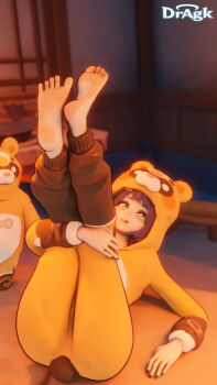 1girl 1other 3d artist_name ass barefoot black_nails blue_hair brown_hoodie cosplay dragk feet feet_up genshin_impact guoba_(genshin_impact) guoba_(genshin_impact)_(cosplay) hand_under_leg hood hoodie lying on_back red_panda red_panda_ears smile toes tongue tongue_out xiangling_(genshin_impact) yellow_eyes