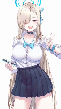 1girl :d asuna_(blue_archive) black_choker black_skirt blonde_hair blue_archive blue_eyes blue_nails blue_ribbon blush breasts button_gap cellphone choker cleavage collarbone collared_shirt contrapposto cowboy_shot fingernails gluteal_fold hair_over_one_eye hair_ribbon halo high-waist_skirt highres holding holding_phone kisamu_(ksmz) large_breasts long_fingernails long_hair long_sleeves looking_at_viewer nail_polish open_mouth phone pleated_skirt ribbon school_uniform scrunchie shirt skirt smartphone smile solo teeth upper_teeth_only very_long_hair w wrist_scrunchie