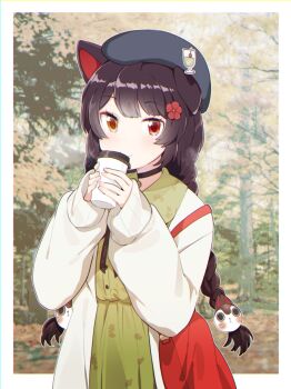 1girl animal_ears animal_hair_ornament beret black_choker blush border braid brown_hair cardigan choker commentary_request cup disposable_cup dog_ears dot_nose dress drinking eyelashes flower forest green_dress grey_hat hair_flower hair_ornament hands_up hat heterochromia holding holding_cup inui_toko inui_toko_(fall_casual) long_hair looking_at_viewer low_twin_braids mitsumine_(ookami_no_oyashiro) nature nijisanji open_cardigan open_clothes outdoors outside_border photo_background red_eyes single_ear_down sleeves_past_wrists solo steaming_cup twin_braids upper_body very_long_hair virtual_youtuber white_border white_cardigan yellow_eyes