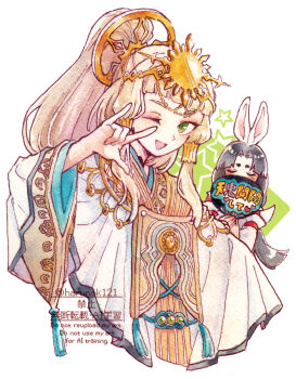 2girls \m/ adversarial_noise animal_ears black_hair blonde_hair blush commentary green_eyes hair_intakes hand_fan harunok121 head_chain highres holding holding_fan japanese_clothes jewelry kanata_(rune_factory) kimono long_hair long_sleeves low-tied_long_hair metal_hair_tubes miko multiple_girls one_eye_closed open_mouth painting_(medium) rabbit_ears rin_(rune_factory) rune_factory rune_factory:_guardians_of_azuma sidelocks smile sun_hair_ornament traditional_media translation_request twitter_username two-tone_kimono upper_body watercolor_(medium) white_kimono wide_sleeves