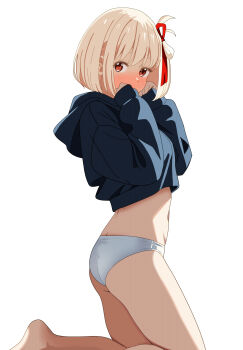 1girl absurdres ass barefoot black_hoodie blonde_hair blush commentary hair_ribbon hands_up highres hood hoodie kneeling looking_at_viewer lycoris_recoil nishikigi_chisato no_pants panties red_eyes red_ribbon ribbon short_hair simple_background sleeves_past_wrists solo tetsuado thighs underwear white_background white_panties