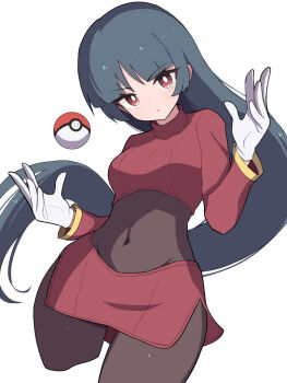 1girl black_hair bodysuit commentary_request covered_navel cropped_shirt floating floating_object gloves hiyoshipow long_hair long_sleeves looking_at_viewer nintendo parted_lips poke_ball poke_ball_(basic) pokemon pokemon_frlg red_eyes red_shirt red_skirt sabrina_(pokemon) shirt skirt solo white_background white_gloves