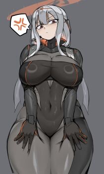 1girl absurdres anger_vein armored_bodysuit black_bodysuit bodysuit breasts covered_navel deep_skin from_below goddess_of_victory:_nikke goma. grey_background grey_bodysuit grey_hair halo hands_on_own_thighs headgear highres large_breasts long_hair looking_at_viewer official_alternate_costume red_eyes scarlet_(black_shadow)_(nikke) scarlet_(nikke) simple_background solo spoken_anger_vein