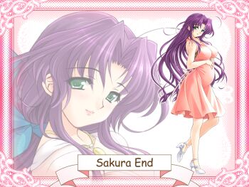 1girl ahoge aoi_sakura_(tsuma_shibori) breasts dress game_cg good_end green_eyes hair_down high_heels kuroda_akimi large_breasts long_hair non-web_source official_art pink_dress pregnant purple_hair sleeveless sleeveless_dress standing standing_on_one_leg tsuma_shibori tsumamigui_(series)