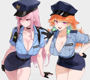 2girls :d absurdres alternate_costume averting_eyes black_choker black_gloves blue_shirt bluefield breasts choker cleavage collared_shirt earrings feather_earrings feathers gloves gradient_hair green_hair half_gloves hat highres hololive hololive_english jewelry large_breasts leaning_forward long_hair looking_at_viewer mori_calliope multicolored_hair multiple_girls open_mouth orange_hair partially_fingerless_gloves partially_unbuttoned peaked_cap pencil_skirt pink_hair police police_hat police_uniform policewoman purple_eyes red_eyes shirt simple_background skirt smile takanashi_kiara virtual_youtuber walkie-talkie waving