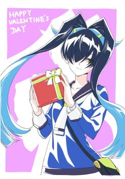 1girl bag black_hair blue_hair blue_shirt closed_mouth gift hair_over_one_eye happy_valentine highres holding holding_gift long_bangs long_hair looking_at_viewer miki_shinobu_(shadowverse_flame) multicolored_hair necktie purple_sailor_collar sailor_collar shadowverse shadowverse_(animated_series) shadowverse_flame shirt shoulder_bag solo tmr_msho upper_body white_necktie yellow_eyes