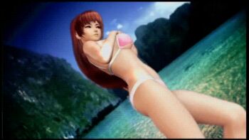1girl 3d animated animated_gif bikini breasts dead_or_alive dead_or_alive_xtreme_2 dead_or_alive_xtreme_beach_volleyball female_focus grabbing_another&#039;s_breast groping kasumi_(doa) large_breasts lowres nature navel outdoors plant sky solo swimsuit tecmo
