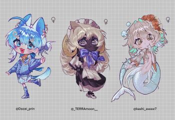 3girls absurdres animal_ears apron black_dress blonde_hair blue_eyes blue_hair blue_sweater cat_ears cat_girl cat_tail chibi commentary cross-shaped_pupils dark-skinned_female dark_skin dress english_commentary fins full_body gills grey_background grid_background head_fins highres horizontal_pupils horns maid maid_apron maid_headdress mermaid monster_girl multiple_girls original ryoryo. sheep_girl sheep_horns sweater symbol-shaped_pupils tail very_dark_skin webbed_hands