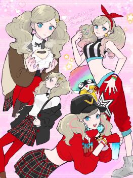 &gt;_&lt; 1girl :d afro black_hat black_jacket black_shirt blonde_hair blue_eyes boots bow_hairband bracelet brown_boots brown_jacket closed_mouth clown_wig cowboy_shot crop_top cropped_legs cropped_sweater dated earrings food foot_out_of_frame from_side gradient_hair hair_ornament hairband hairclip hand_in_own_hair hand_on_own_hip hat headphones headphones_around_neck heart highres holding holding_food jacket jacket_partially_removed jewelry long_hair long_sleeves looking_at_food looking_at_viewer midriff morgana_(persona_5) multicolored_hair multiple_views open_mouth oui_zen pants pantyhose persona persona_5 persona_5:_dancing_star_night persona_dancing pink_background pink_streaks plaid_clothes plaid_skirt red_hairband red_pants red_pantyhose red_sweater school_uniform shirt shoes shuujin_academy_school_uniform skirt sleeveless sleeveless_shirt smile spiked_bracelet spikes squatting star_(symbol) star_earrings striped_clothes striped_shirt sweater takamaki_anne turtleneck turtleneck_shirt twintails twitter_username two-tone_shirt vertical-striped_clothes vertical-striped_shirt white_shirt white_shoes wig