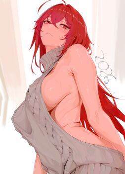 1girl 2026 absurdres ahoge alternate_costume aran_sweater bare_arms bare_shoulders blush breasts cable_knit commentary crossed_bangs dress english_commentary goddess_of_victory:_nikke grey_sweater hair_between_eyes highres large_breasts long_hair looking_up naggarron naked_sweater nihilister_(nikke) red_eyes red_hair ribbed_sweater sideboob sleeveless sleeveless_sweater sleeveless_turtleneck smile solo sweat sweater sweater_dress turtleneck turtleneck_sweater upper_body very_long_hair virgin_killer_sweater