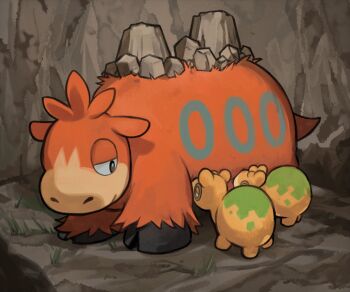 animal_focus bright_pupils camerupt closed_mouth commentary_request elizabeth_(tomas21) evolutionary_line gen_3_pokemon half-closed_eyes highres looking_to_the_side nintendo no_humans numel orange_fur pokemon pokemon_(creature) standing