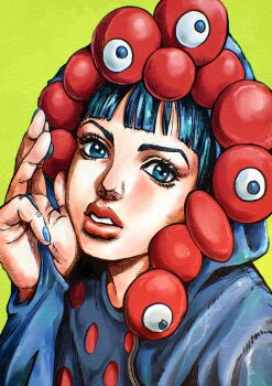 1girl absurdres araki_hirohiko_(style) blue_bridal_gauntlets blue_eyes blue_hair blue_hoodie blue_nails blunt_bangs bridal_gauntlets commentary_request crossover expo2025 green_background hatching_(texture) higashikata_daiya highres hood hood_up hoodie jojo_no_kimyou_na_bouken jojolion kaib0y looking_at_viewer makeup myaku-myaku nail_polish parted_lips red_lips solo traditional_media