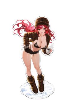 1girl absurdres acrylic_stand_(medium) akane_lize bent_over bikini black_bikini black_eyes black_shorts boots breasts brown_boots brown_hat brown_jacket brown_socks chano39 cleavage commentary_request cup drawstring floating_hair full_body fur_boots fur_hat fur_jacket halterneck hand_on_own_hip hat highleg highleg_bikini highres holding holding_cup jacket kneehighs korean_commentary large_breasts long_hair long_sleeves looking_at_viewer micro_shorts mole mole_on_cheek navel open_clothes open_fly open_jacket open_mouth red_hair ring_light_reflection short_shorts shorts simple_background skindentation smile socks solo stellive stomach string_bikini swimsuit thighs virtual_youtuber white_background