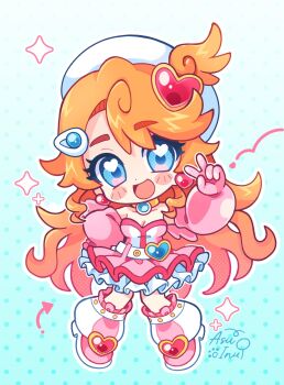 1girl :d artist_name asuinui bare_shoulders belt belt_buckle beret blue_background blue_eyes blush_stickers boots borrowed_character breasts brooch buckle chibi chibi_only choker cleavage collarbone commentary curly_hair cyber_fashion dress earrings elbow_gloves english_commentary frilled_boots frills full_body gloves gold_choker gradient_background hair_ornament hand_on_own_hip hand_up hat heart heart-shaped_buckle heart_earrings heart_hair_ornament heart_in_eye highres indie_virtual_youtuber jewelry layered_dress long_hair looking_at_viewer magical_girl marikyuunn_(cyber_cupid)_(vtuber) marikyuunn_(vtuber) medium_breasts official_alternate_costume one_side_up open_mouth orange_hair pink_boots pink_dress pink_gloves pleated_dress polka_dot polka_dot_background red_trim retrofuturism short_dress smile solo strapless strapless_dress symbol_in_eye tareme thigh_boots two-tone_background v very_long_hair virtual_youtuber wavy_hair white_background white_belt white_hat