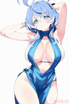 1girl ako_(blue_archive) ako_(dress)_(blue_archive) armpits arms_up artist_name bare_shoulders blue_archive blue_dress blue_eyes blue_hair blue_halo blush breasts breasts_apart center_opening closed_mouth commentary crossed_bangs dress earrings english_commentary evening_gown formal_clothes groin hair_between_eyes hair_ornament halo head_tilt highres jewelry khaze071 large_breasts looking_at_viewer navel official_alternate_costume side_slit sideboob simple_background sleeveless sleeveless_dress solo standing thighs wavy_mouth white_background