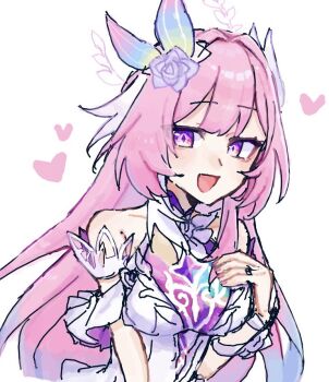 1girl arm_ribbon bare_shoulders blue_ribbon breasts collarbone commentary_request cyrene_(honkai:_star_rail) cyrene_(ripples_of_past_reverie)_(honkai:_star_rail) diamond-shaped_pupils diamond_(shape) dress fingernails flower green_ribbon hair_flower hair_ornament hair_ribbon hand_up honkai:_star_rail honkai_(series) leaf long_hair looking_afar medium_breasts multicolored_hair multicolored_ribbon off-shoulder_dress off_shoulder official_alternate_costume official_alternate_hairstyle open_mouth pink_hair pink_nails pink_ribbon purple_eyes purple_flower purple_rose ribbon rose short_sleeves sidelocks simple_background smile solo streaked_hair symbol-shaped_pupils upper_body white_background white_dress white_hair