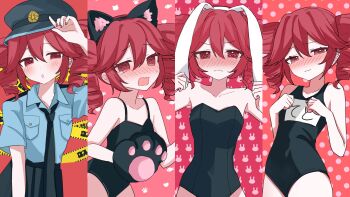 1girl :o :s @_@ absurdres animal_ears animal_hands arm_up black_leotard black_necktie black_one-piece_swimsuit black_skirt blush breast_pocket cat_ears caution_tape clenched_hands collarbone collared_shirt drill_hair embarrassed fish furrowed_brow gloves half-closed_eyes hands_up hat headband highres holding holding_ears kasane_teto leaning_back leaning_forward leotard looking_at_viewer looking_to_the_side multiple_views nail_polish name_tag necktie one-piece_swimsuit open_mouth parted_bangs paw_gloves paw_print pink_background playboy_bunny pleated_skirt pocket police police_hat police_uniform policewoman polka_dot polka_dot_background rabbit_background rabbit_ears red_background red_eyes red_hair school_swimsuit shirt short_sleeves shoulder_boards sidelocks simple_background skirt swimsuit teardrop tearing_up twin_drills vocaloid yukia_1128
